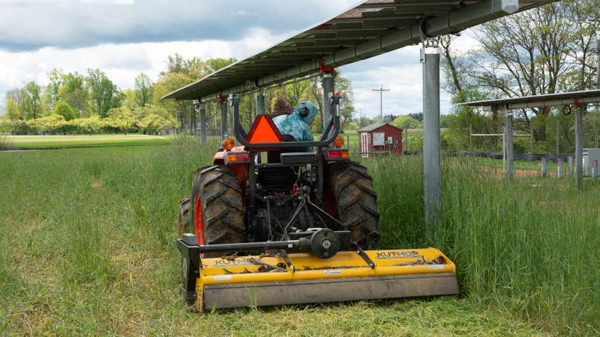 A tractor pulls a mower on the recently completed solar project at the Clifford E. and Melda C. Snyder Research and Extension Farm in Pittstown, N.Y.