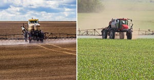 A tractor on the left spraying bare soil and a tractor on the right spraying a field with emerged crops