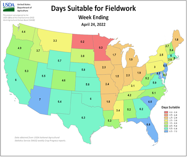 U.S. days suitable for fieldword weed of April 24 map