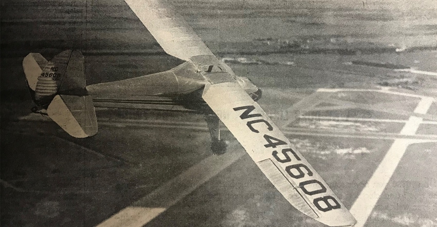 A Flying Farmer approaches the Hutchinson Municipal Airport for an organizational meeting in May of 1946