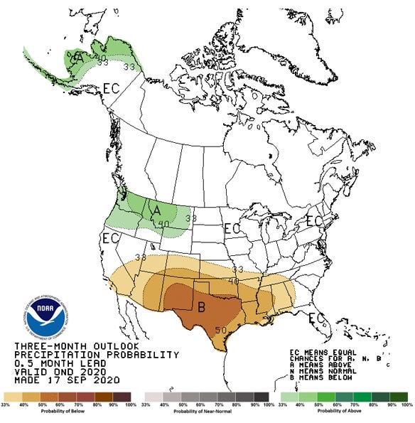 Forecast map for the 90-days from mid-September to mid-December from the Climate Prediction Center shows below normal rainfall for much of the southern U.S.