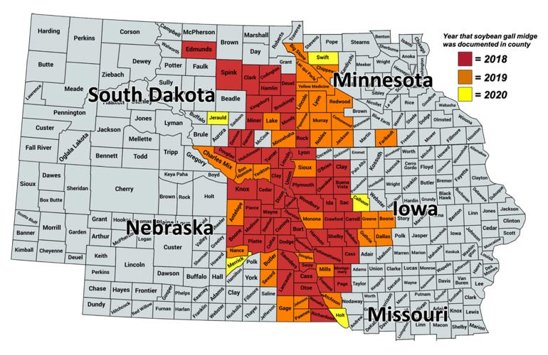 A map highlighting areas where soybean gall midge is spreading