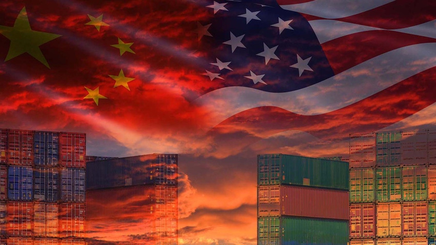 Shipping containers with sunset and United States flag Shipping containers with sunset and United States flag