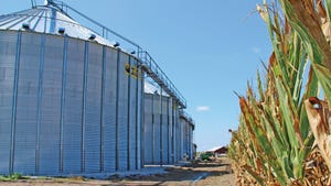 Grain bins next to a corn field.