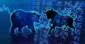 Bull and bear outlines with market numbers in background
