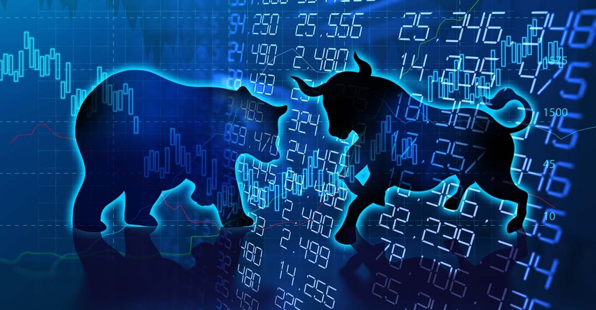 Bull and bear outlines with market numbers in background Bull and bear outlines with market numbers in background