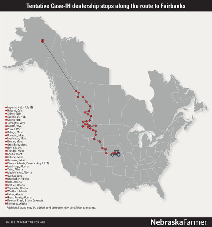Tentative route beginning from Titan Machinery dealership in Imperial, Neb. with potential Case-IH dealership stops along the way up to Fairbanks, Alaska. 