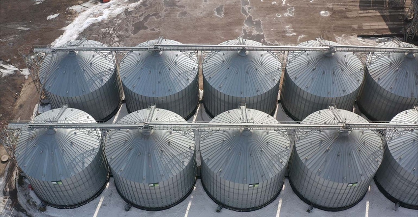 High angle aerial view of industrial elevators and dryers