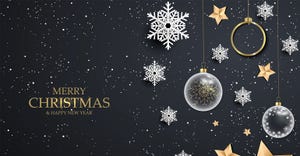 Black Christmas background with white snowflakes, festive Christmas background with shining gold balls, stars