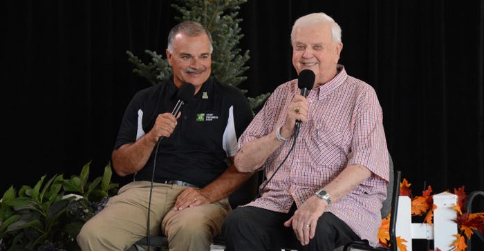 Max Armstrong and Orion Samuelson during a live show at the Farm Progress Show