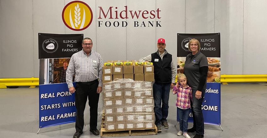 Illinois commodity group members and leaders present ground pork to the Midwest Food Bank 