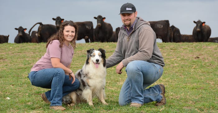 Kiley Carroll and Cole Thomas with Ace, the 2021 Prairie Farmer favorite farm dog winner
