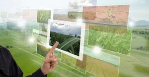 Picture of monitors with ag scenes floating in front of pasture. /  Internet of things(agriculture concept),smart farming,ind