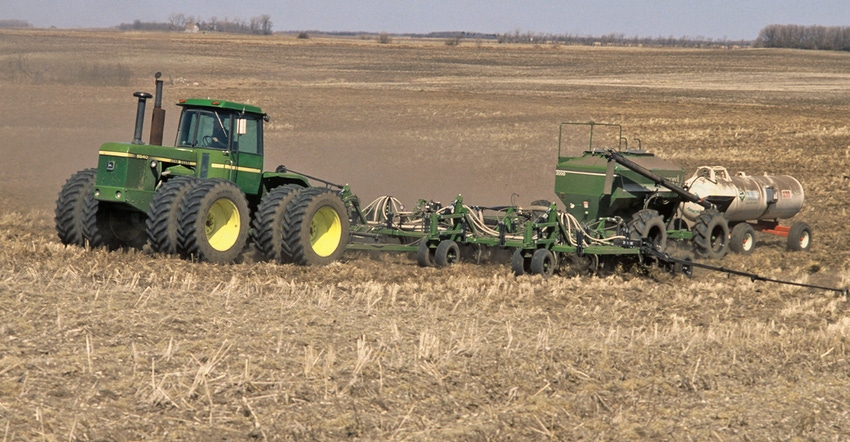 Soybeans are planted with an air seeder 