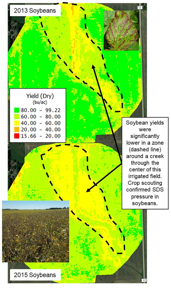  Soybean yield maps from an irrigated field in eastern Nebraska. 