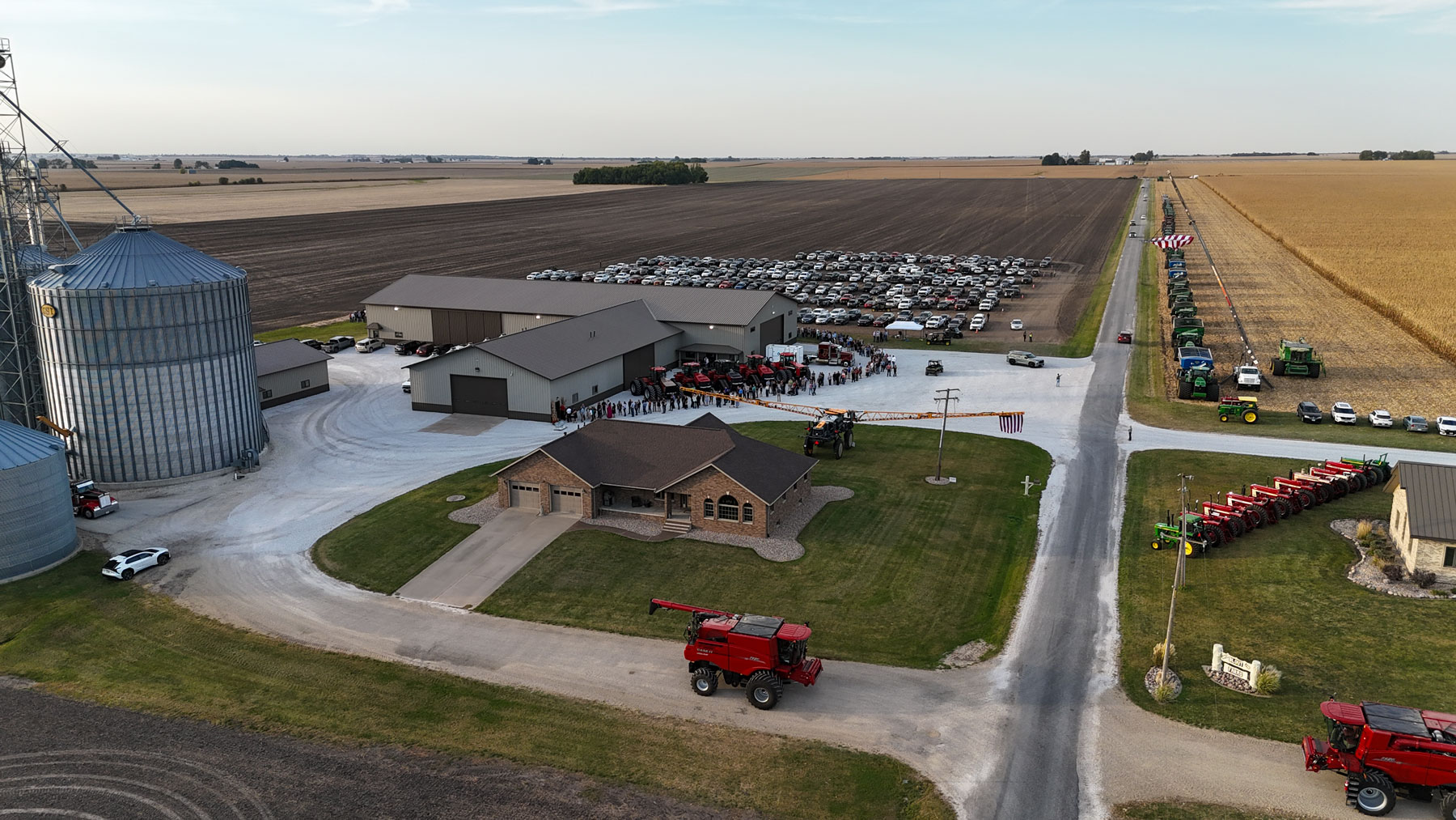 Aerial view of equipment and parking at Cayden Mahr’s visitation, held at a rural farmstead