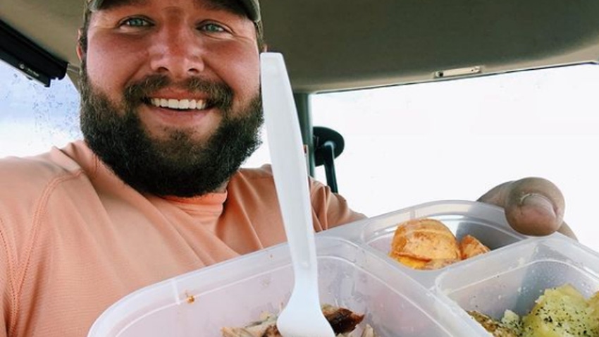 Hannah Guenther’s husband, Adam, shows off his healthy harvest “combine cab-friendly” meal