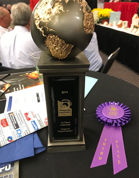 Trophy and 3rd place ribbon for unlasted butter catefory at the world dairy expo