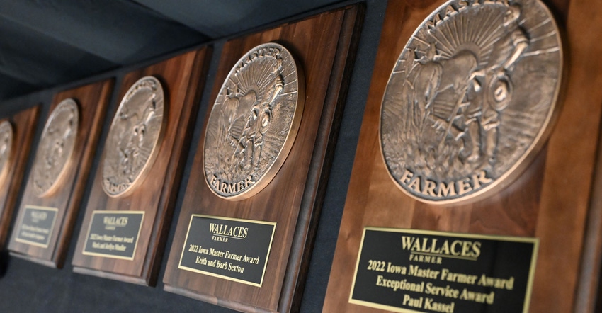 Close up of 2022 Iowa Master Farmer plaques Close up of 2022 Iowa Master Farmer plaques