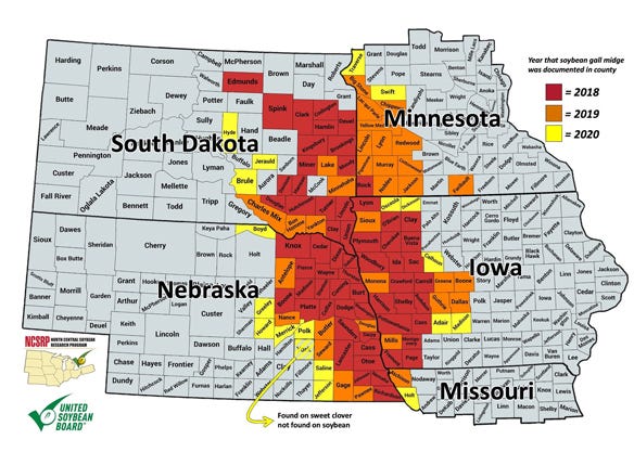 Map of counties identified as infested with soybean gall midge from 2018 to 2020