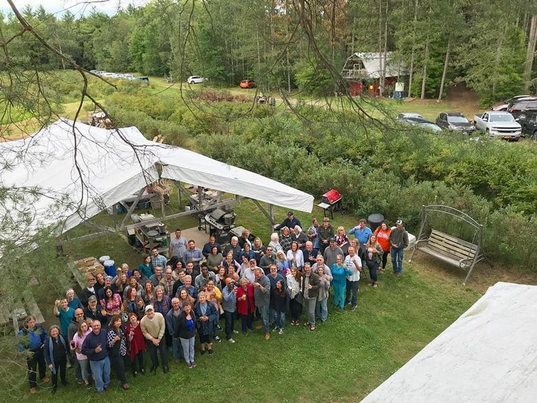 Birds-eye view of a large outdoor event at Grindstone Farm