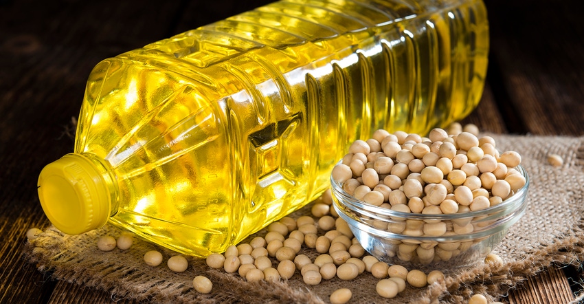 Bottle of soy oil next to soybeans
