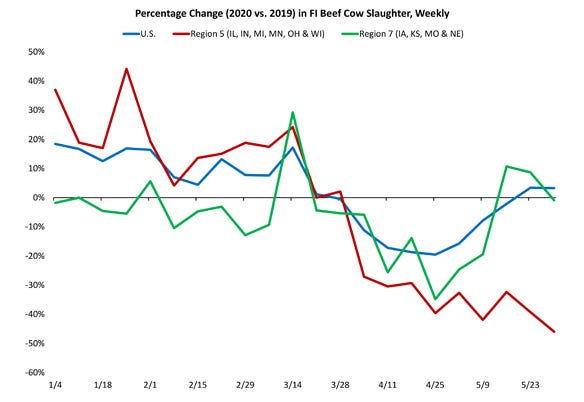 Percentage Change (2020 vs. 2019) in FI Beef Cow Slaughter, Weekly chart