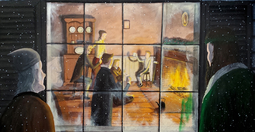 Scrooge and the Ghost of Christmas Present look through a window at the Crachet family around the hearth. Scrooge and the Ghost of Christmas Present look through a window at the Crachet family around the hearth.