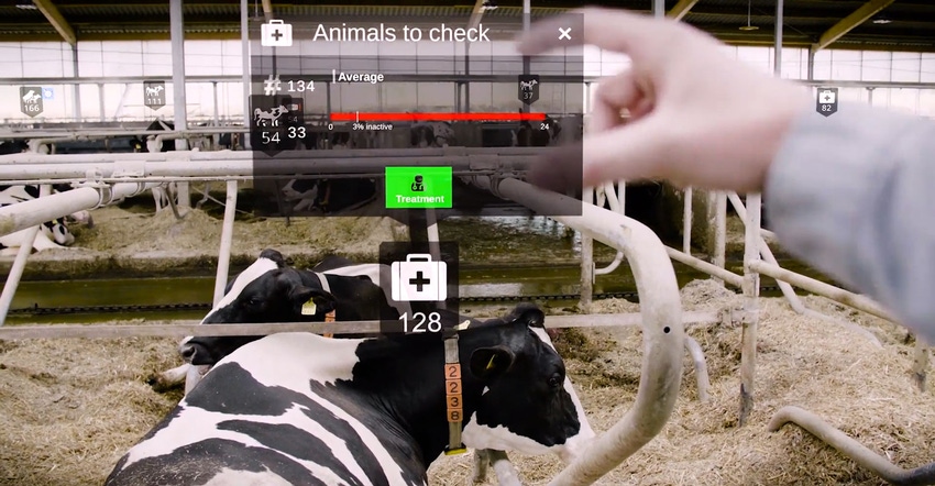 A view of Nedap’s dairy augmented reality shows relevant cow data while goggles are pointed at a cow