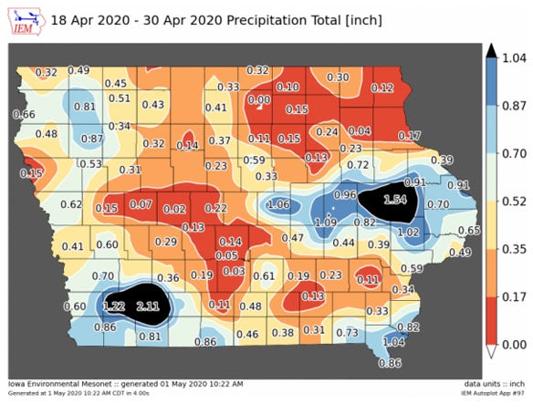 Rainfall (inches) in Iowa between April 18 and April 30 map