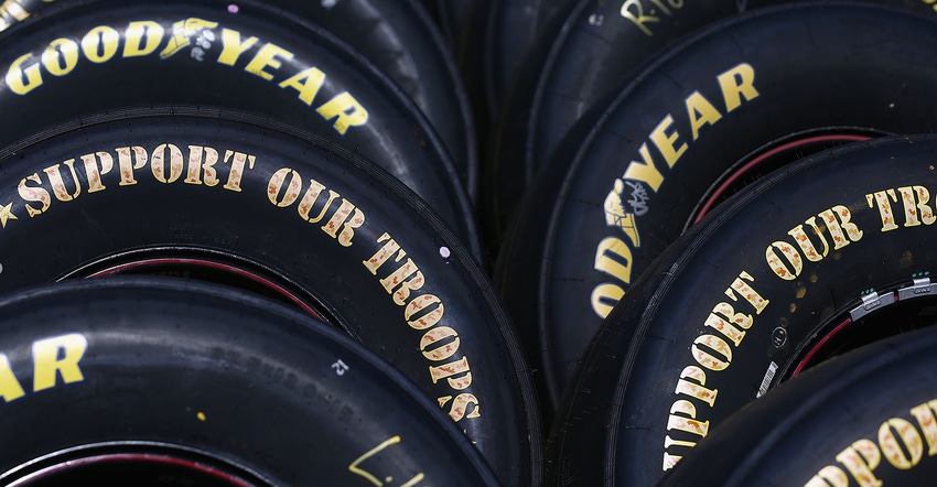 A view of "Support Or Troops" Good Year tires sit in the garage area during practice for the NASCAR Sprint Cup Series Coca-Co
