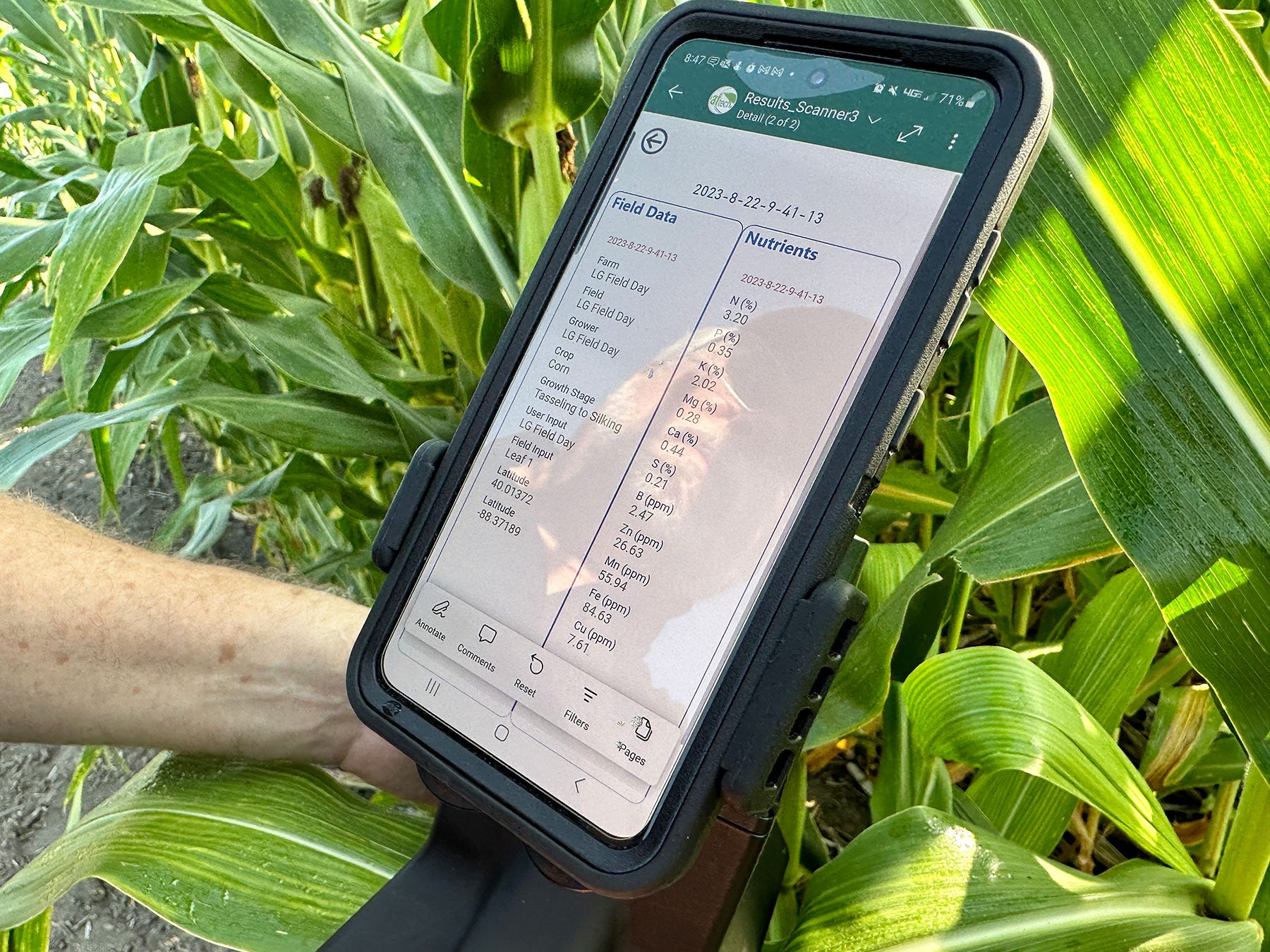 Leaftech Ag tissue testing unit display screen