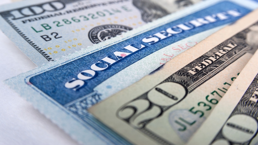 Social security card and American money dollar bills close up