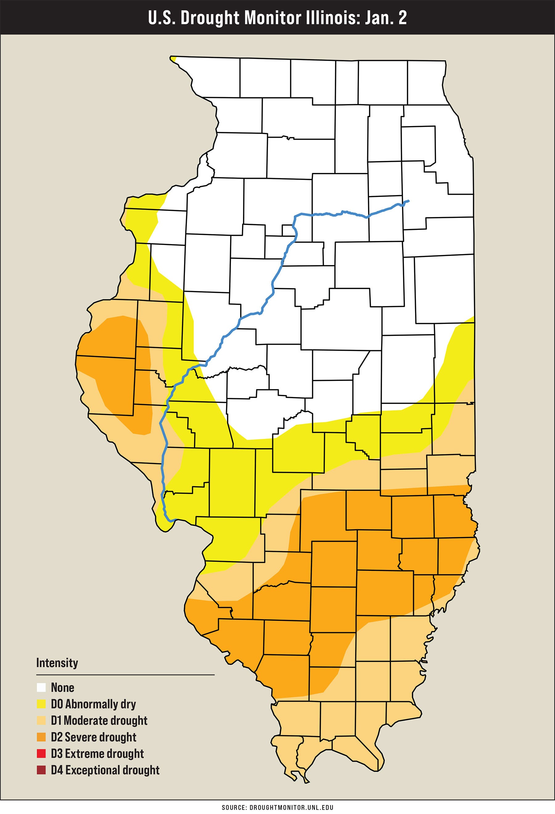 A map illustrating drought intensity in Illinois