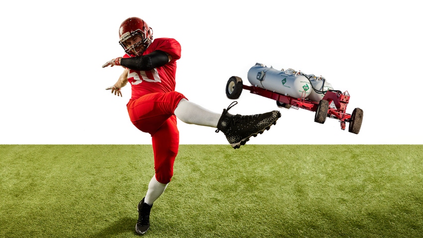 A composite image of a football player on turn punting an ammonia tank against a white background