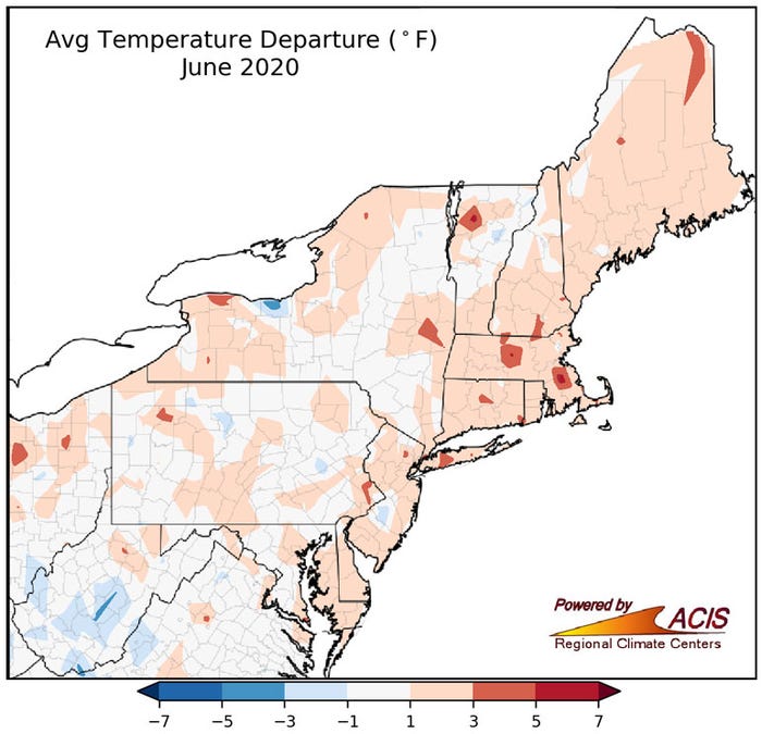 Map shows New England and New York were well-above temperature normals for June