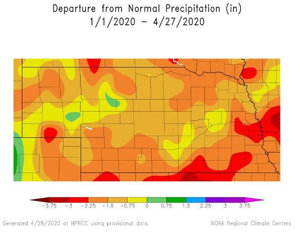 Figure. 1. Departure from normal precipitation in Nebraska (1/1/2020-4/27/2020 map