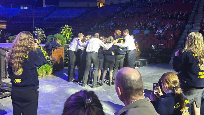 Elizabeth Hodges - State officer candidates huddled up as the new officer slate was being named at the 96th annual Nebraska State FFA Convention 