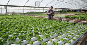 Wide shot of a young man working in a hydroponic farm, controlled environment agriculture