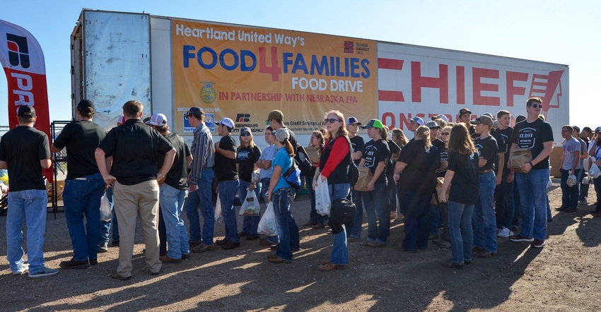 A semitrailer holds food donations from Husker Harvest Day visitors