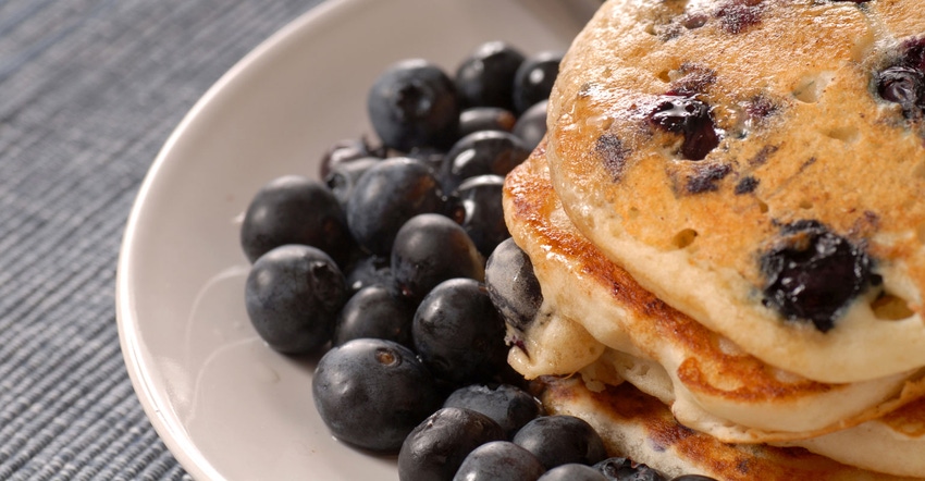 Plate of blueberry pancakes with fresh blueberries on side