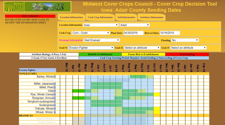 Screenshot of Midwest Cover Crops Council - Cover Crop Decision Tool