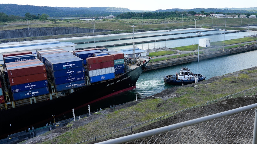 A cargo ship going through the Panama Canal