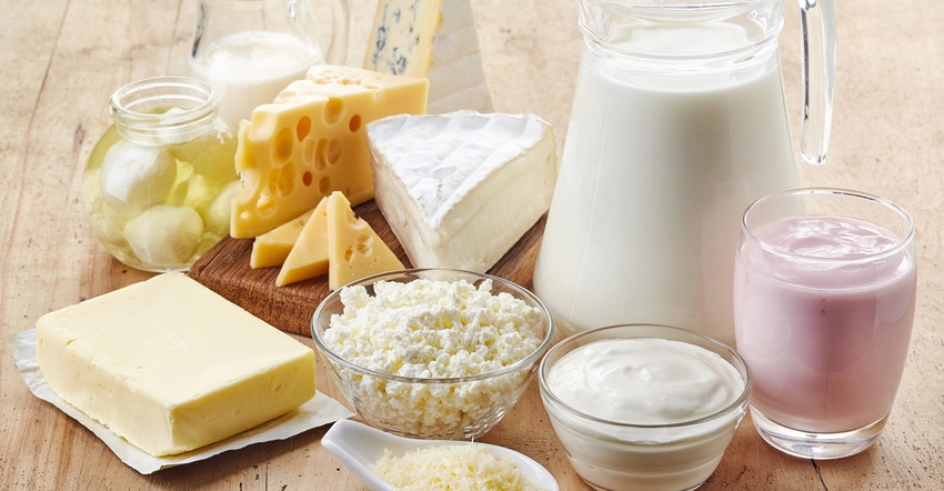 various dairy products on wooden background