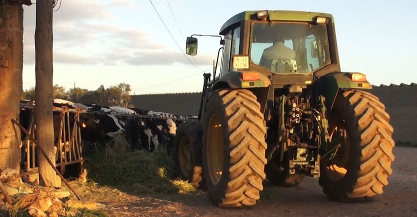 A tractor delivers feed to cows at the Marcus Richards farm in Elbridge, N.Y.