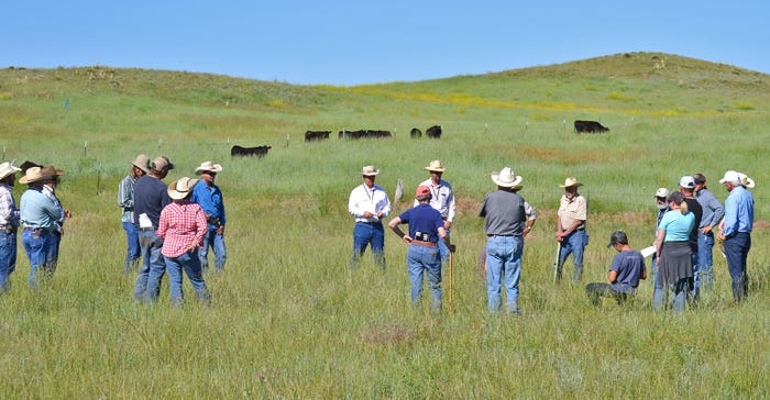 attendees of Jim Gerrish’s Management-intensive Grazing school stand in a pasture 
