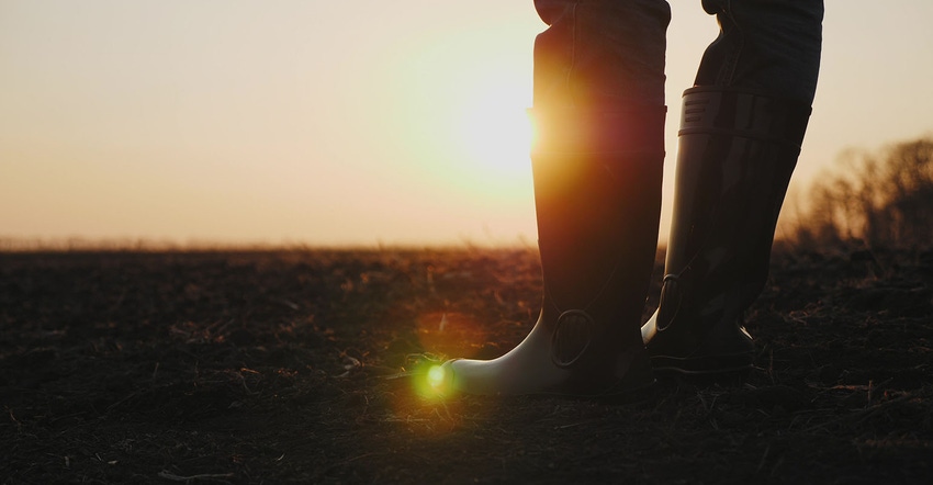 close-up of male farmer in rubber boots waling through cultivated agricultural field in the rays of the sun at sunset.