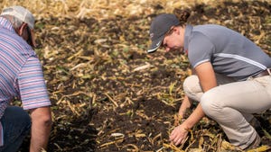 women in field looking at soil