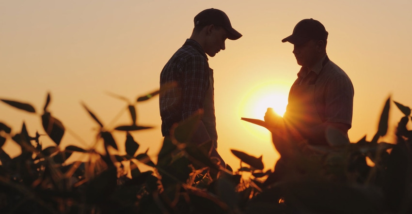 Two farmers talk on the field Two farmers talk on the field