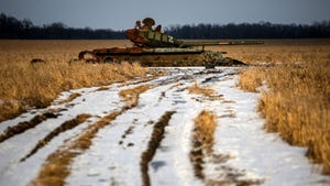 Destroyed tank in snowy field in Kharkiv, Ukraine
